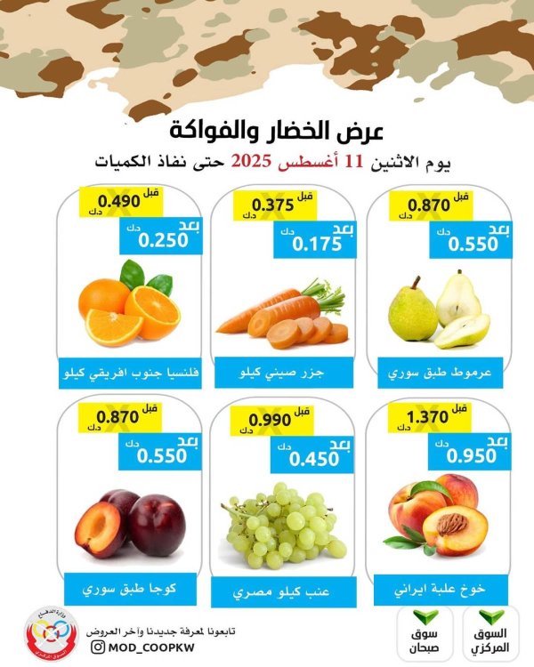 عروض جمعية وزارة الدفاع الإستهلاكية الأثنين 11 أغسطس 2025 الخضار والفواكه