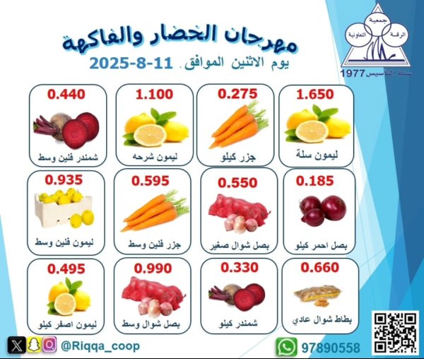 عروض جمعية الرقة التعاونية الإثنين 11 أغسطس 2025 الخضار والفاكهة