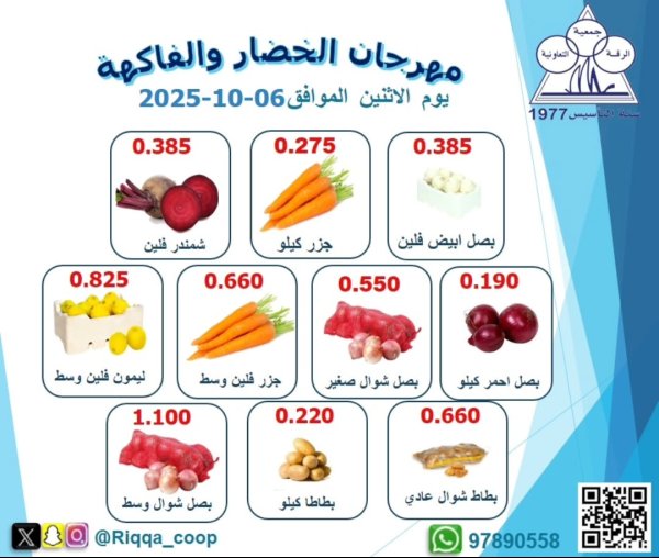 عروض جمعية الرقة التعاونية الإثنين 6 أكتوبر 2025 الخضار والفاكهة